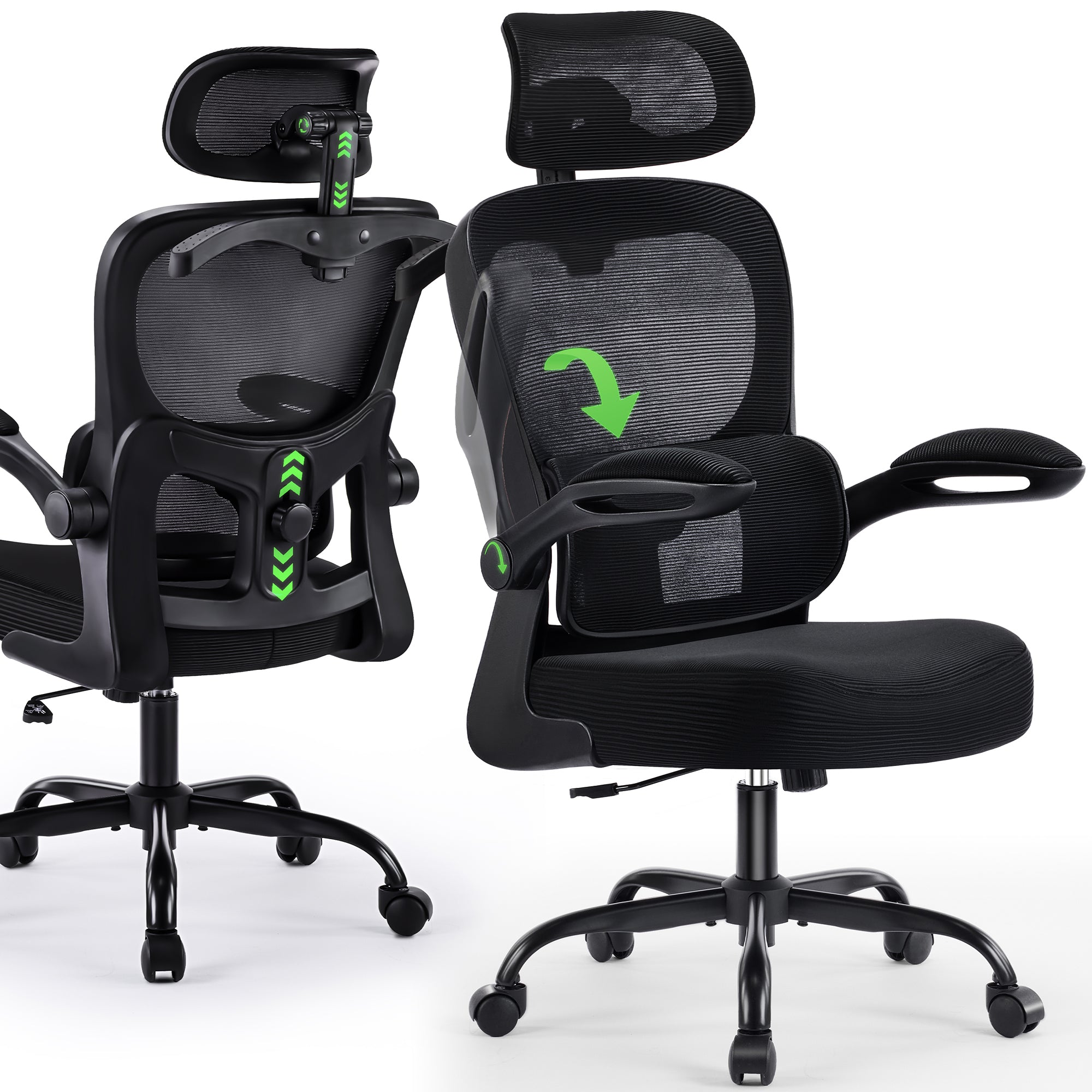 AreShark Office Chair Ergonomic Desk Chairs with Adjustable Lumbar Support& Headrest Hanger, High Back Breathable Mesh Chair with Wheels, Rolling Swivel Comfy Task Computer Chair  for Home Work Gaming