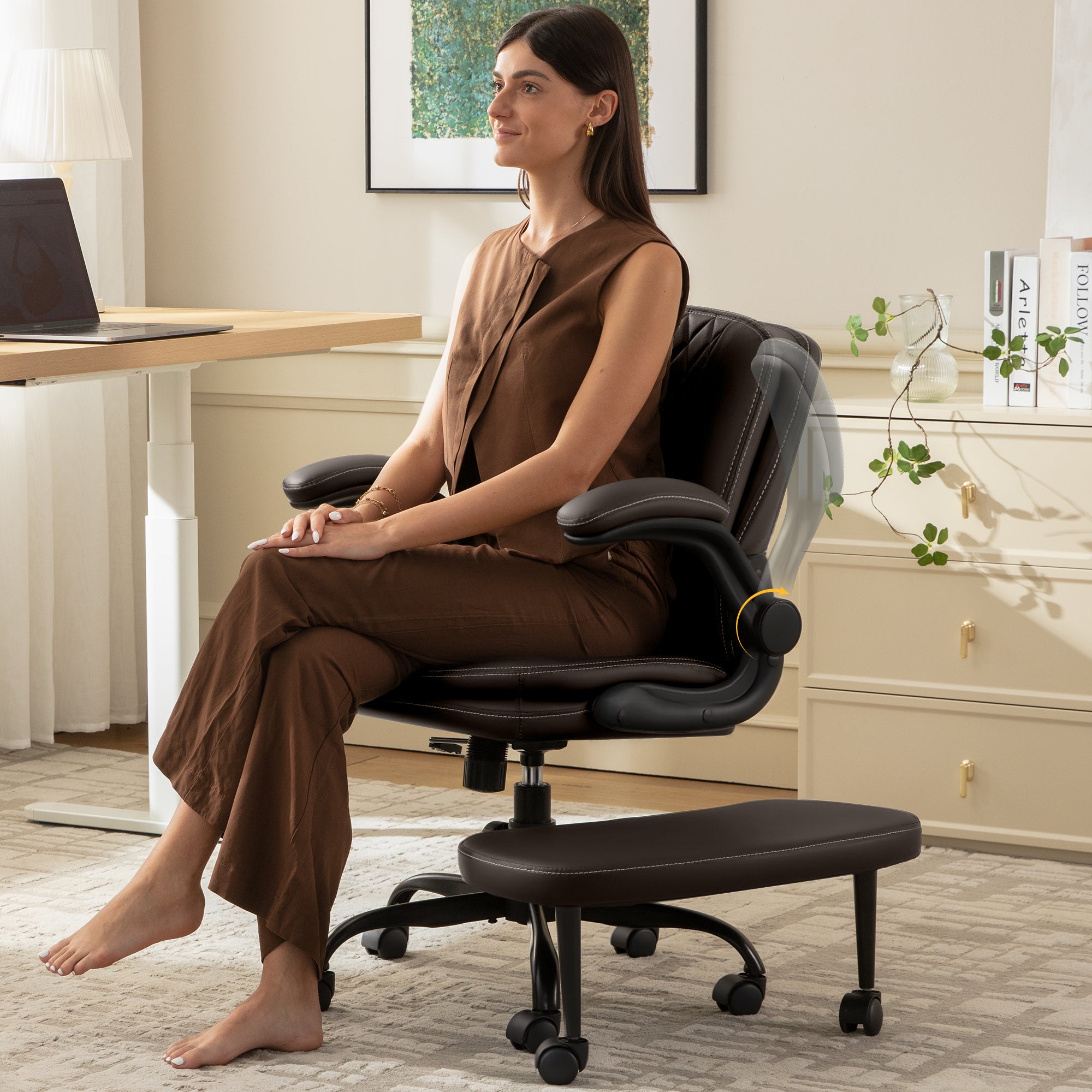 Cross Legged Office Chair,ADHD Criss Cross Desk Chair with Wheels & Stretchable Rotating Footrest,Height Adjustable Wide Yoga Kneeling Meditation Chair with Flip-up Armrests Back Support