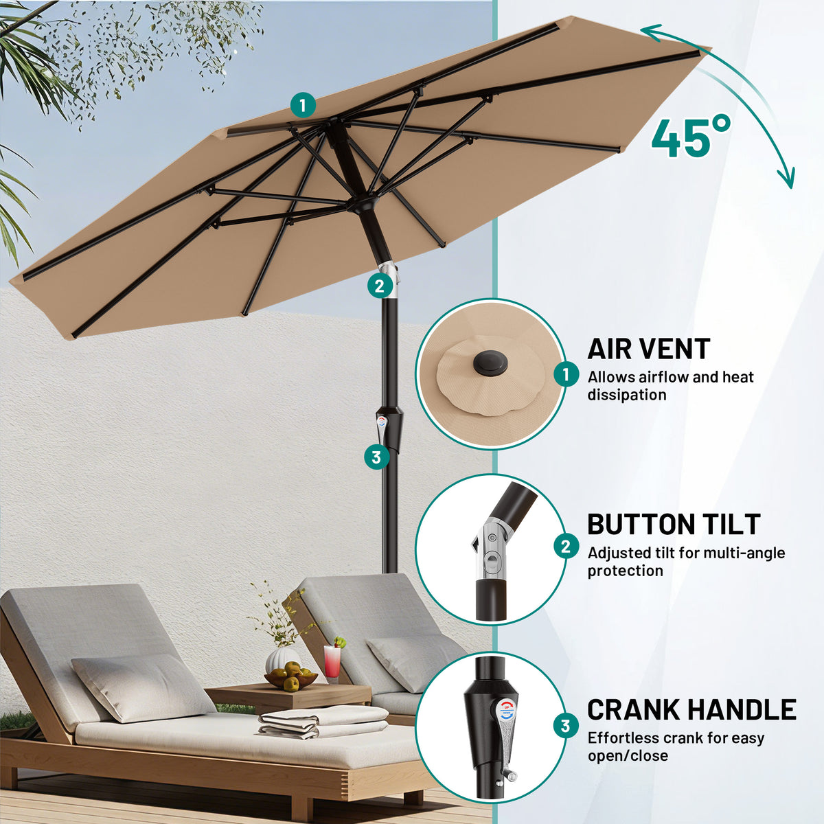 AreShark 9FT Outdoor Patio Umbrella with Tilt and Crank, Outdoor Table Umbrella with 8 Sturdy Ribs,UV Protection Waterproof for Garden, Deck, Backyard, Pool