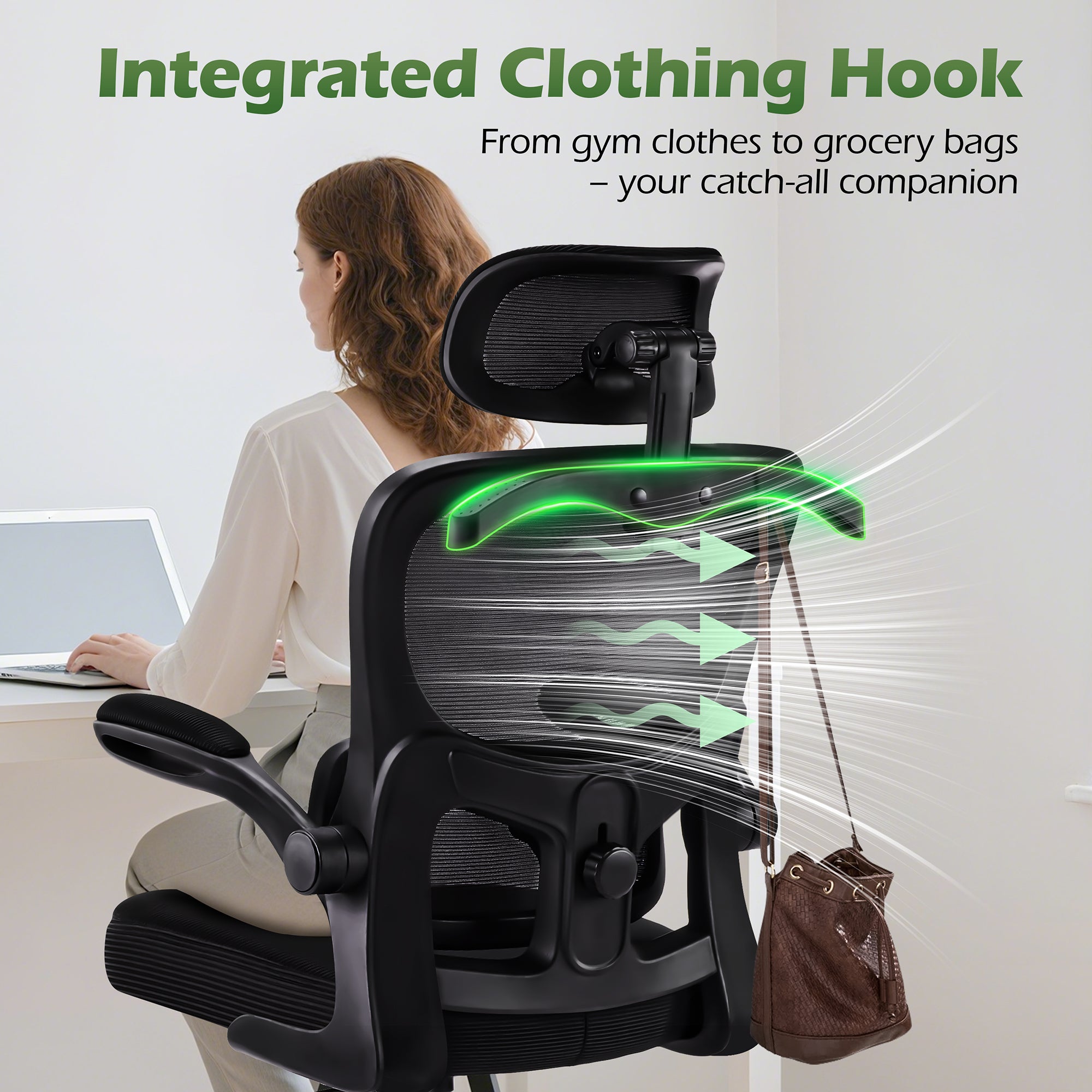 AreShark Office Chair Ergonomic Desk Chairs with Adjustable Lumbar Support& Headrest Hanger, High Back Breathable Mesh Chair with Wheels, Rolling Swivel Comfy Task Computer Chair  for Home Work Gaming