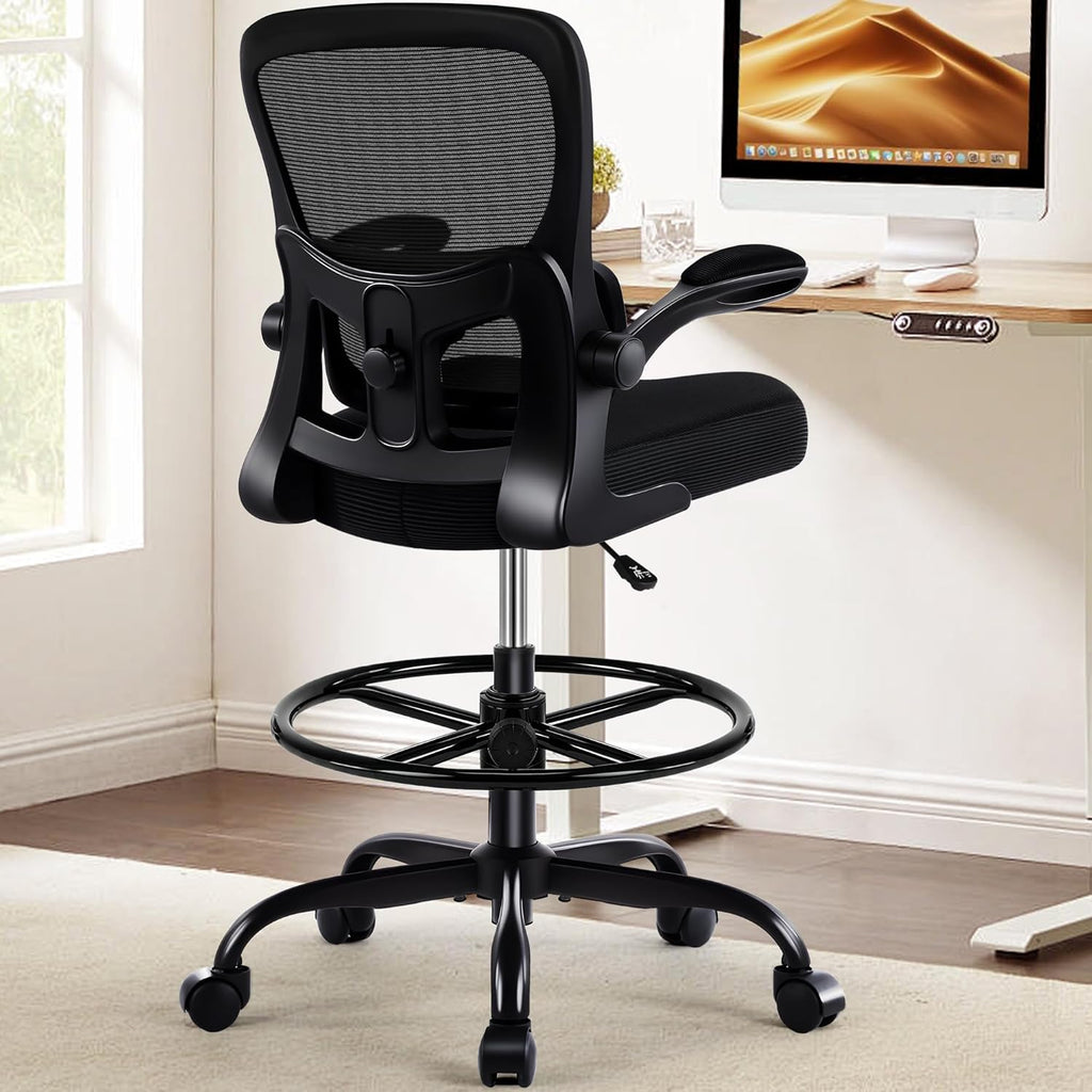 Drafting Office Chair - Ergonomic Tall Office Chair with Adjustable Footrest Ring - Counter Height Adjustable Rolling Standing Desk Chair with Lumbar Support and Flip-up Armrests for Home