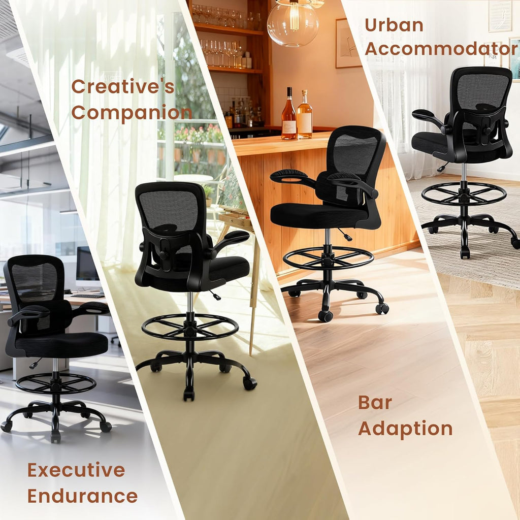 Drafting Office Chair - Ergonomic Tall Office Chair with Adjustable Footrest Ring - Counter Height Adjustable Rolling Standing Desk Chair with Lumbar Support and Flip-up Armrests for Home