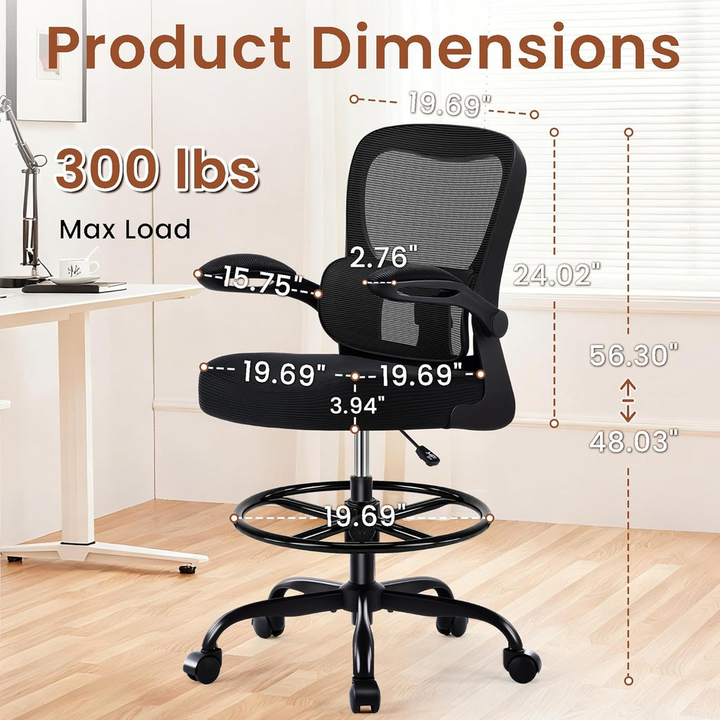 Drafting Office Chair - Ergonomic Tall Office Chair with Adjustable Footrest Ring - Counter Height Adjustable Rolling Standing Desk Chair with Lumbar Support and Flip-up Armrests for Home