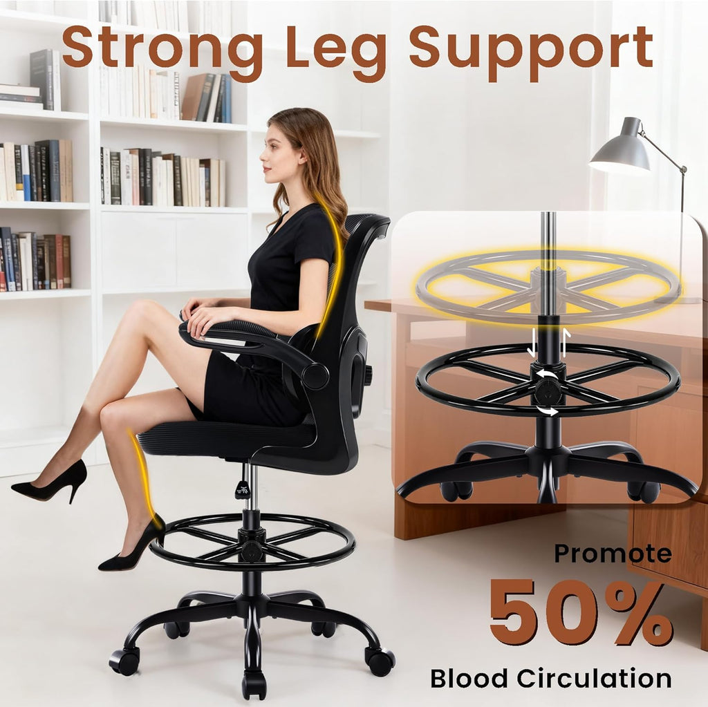 Drafting Office Chair - Ergonomic Tall Office Chair with Adjustable Footrest Ring - Counter Height Adjustable Rolling Standing Desk Chair with Lumbar Support and Flip-up Armrests for Home