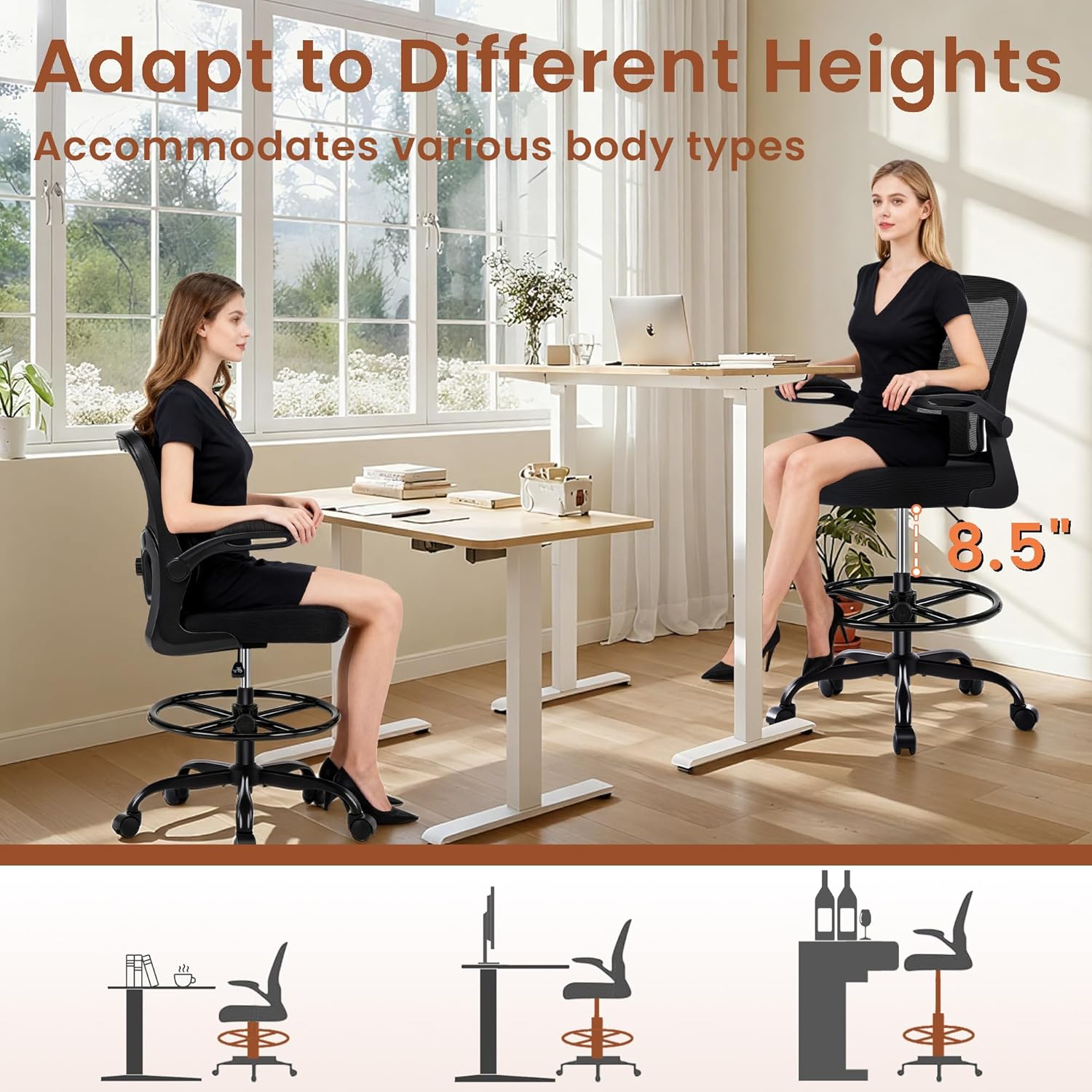 Drafting Office Chair - Ergonomic Tall Office Chair with Adjustable Footrest Ring - Counter Height Adjustable Rolling Standing Desk Chair with Lumbar Support and Flip-up Armrests for Home