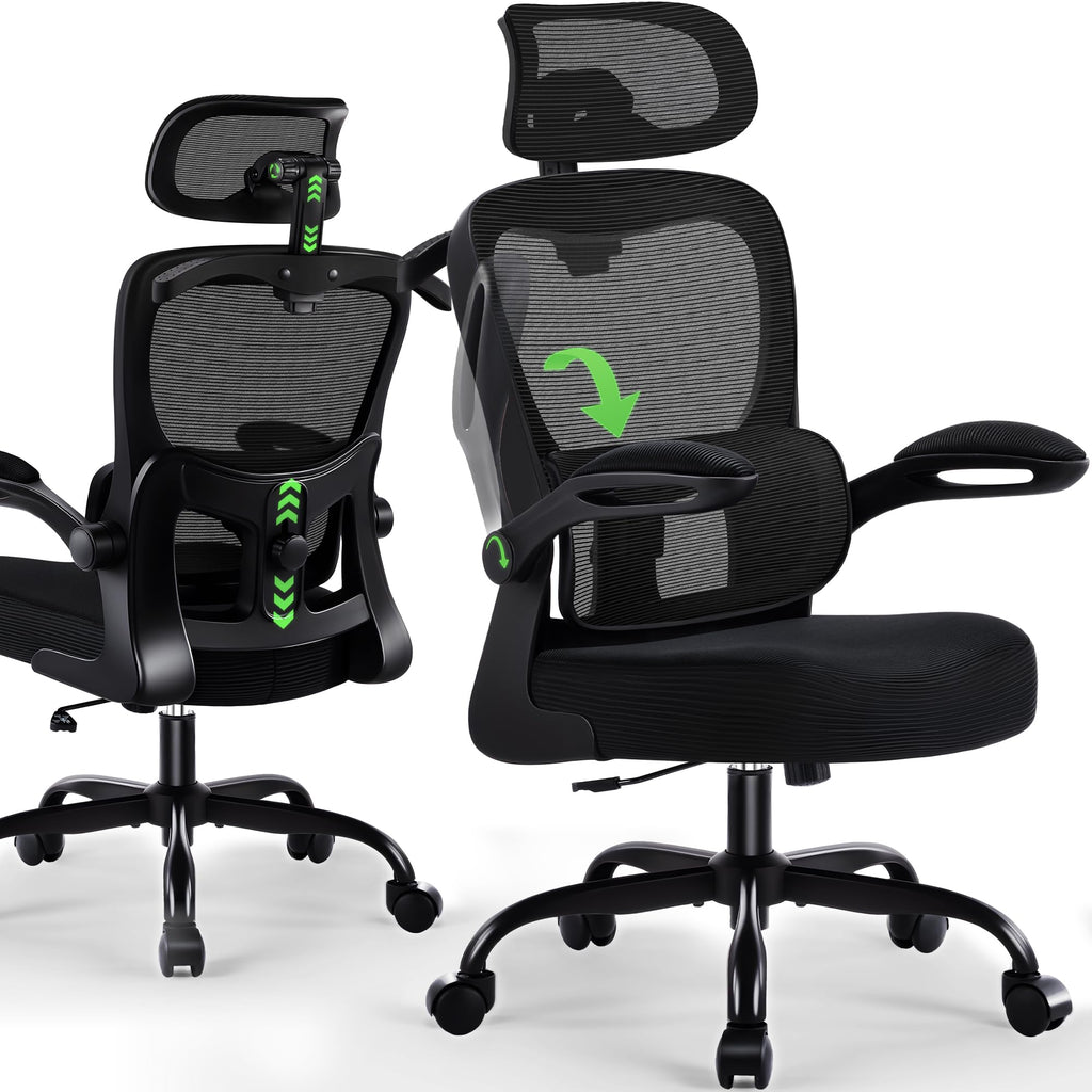 AreShark Office Chair Ergonomic Desk Chairs with Adjustable Lumbar Support& Headrest Hanger, High Back Breathable Mesh Chair with Wheels, Rolling Swivel Comfy Task Computer Chair  for Home Work Gaming